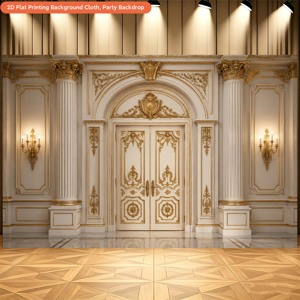 2D Flat Luxurious Palace Golden Door Photography Backdrop